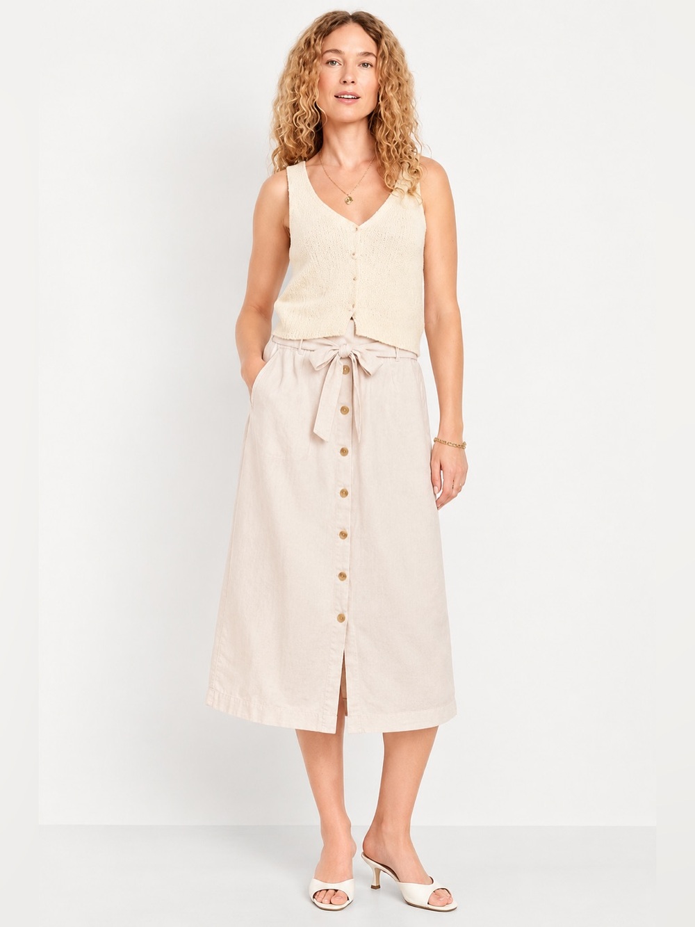 Loup Clothing Midi Skirt Button Front Belted High Waist Cotton Pale Pink 1023